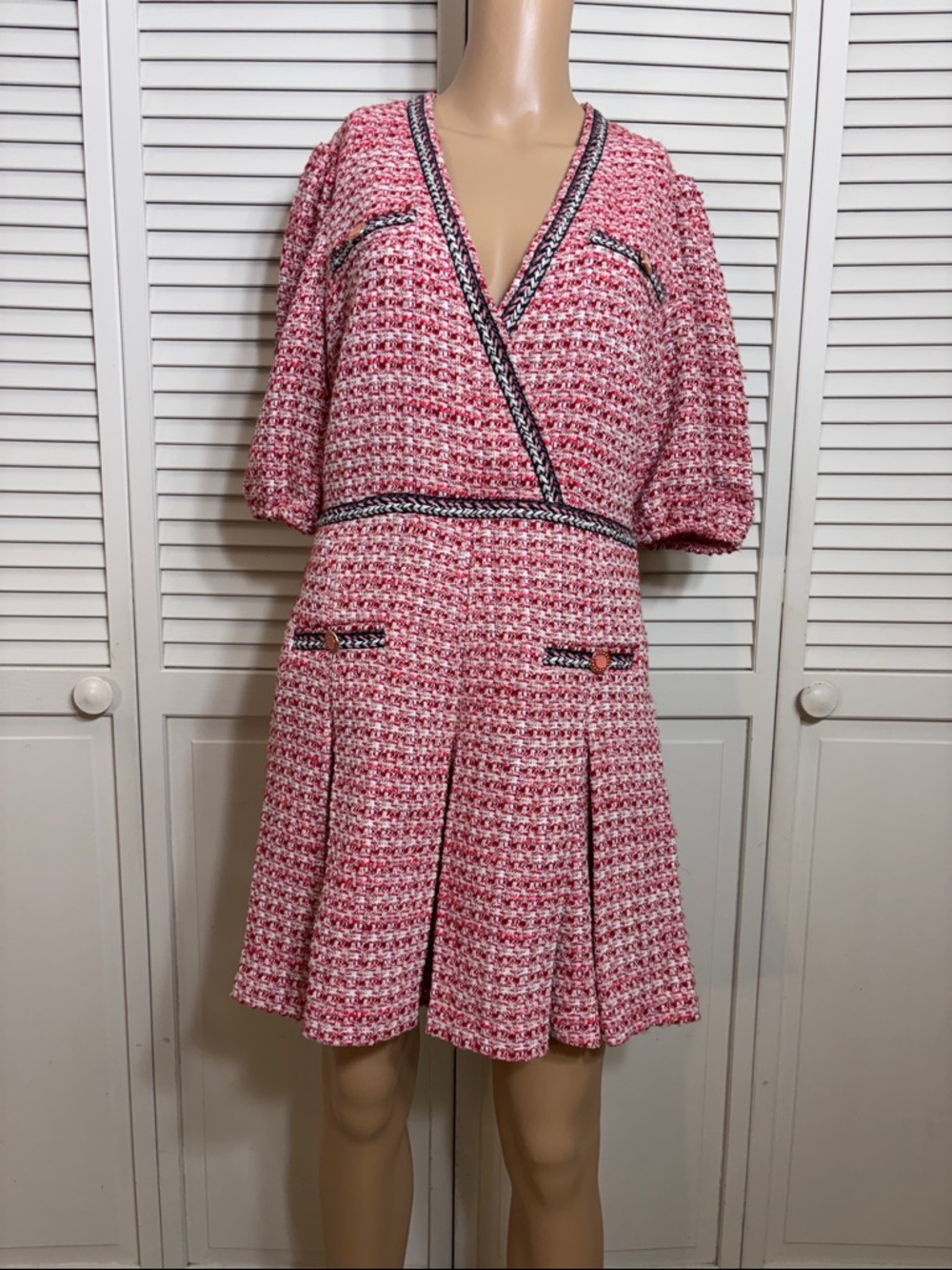 NWT Maje Renetia Tweed Puff-sleeve Minidress in Pink Large - Picture 4 of 16